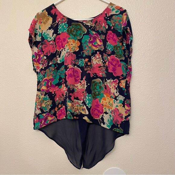 Anthropologie Maeve Floral 100% Silk Top open split back blouse semi sheer 6 - Picture 3 of 9